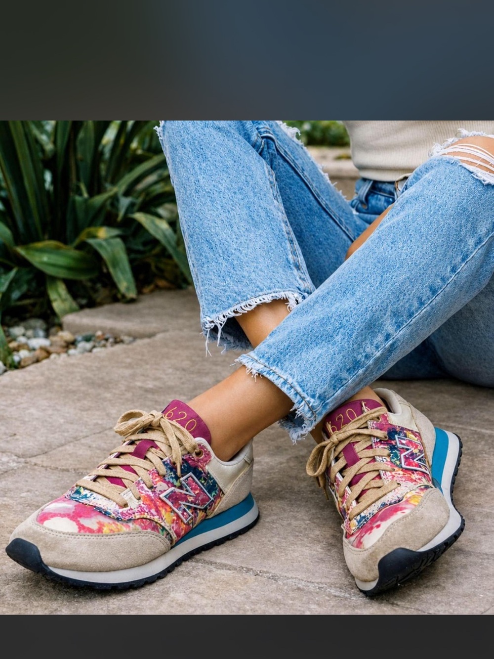 New Balance Beige Sneakers with Pink Multi-Color Floral Accents - Women